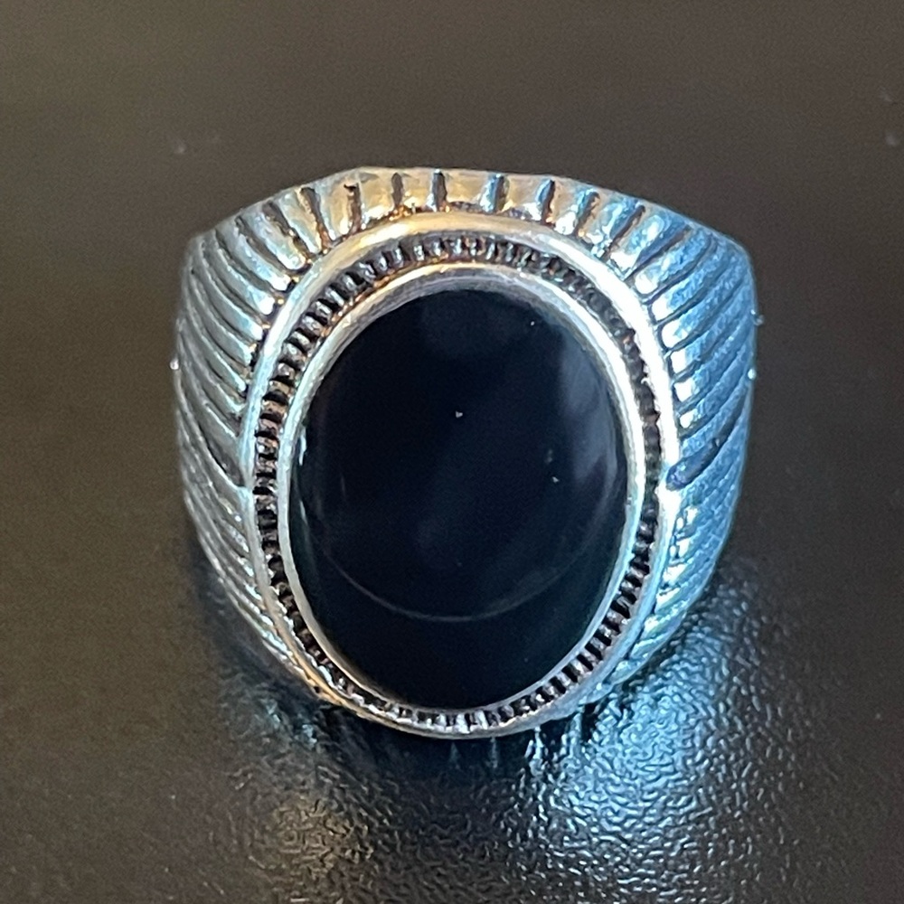 Oval black obsidian S925 silver ring